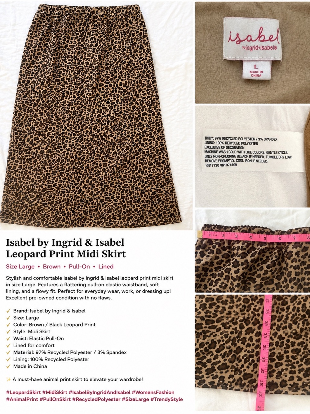 Isabel by Ingrid & Isabel Leopard Print Midi Skirt Size Large Pull-On - Picture 2 of 3